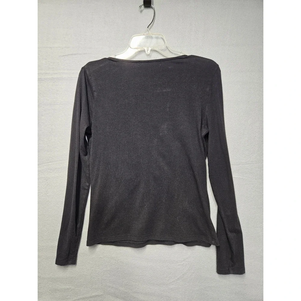 Michael Kors Womens Black Long Sleeve Ruched V-Neck Gold Zip Front Top